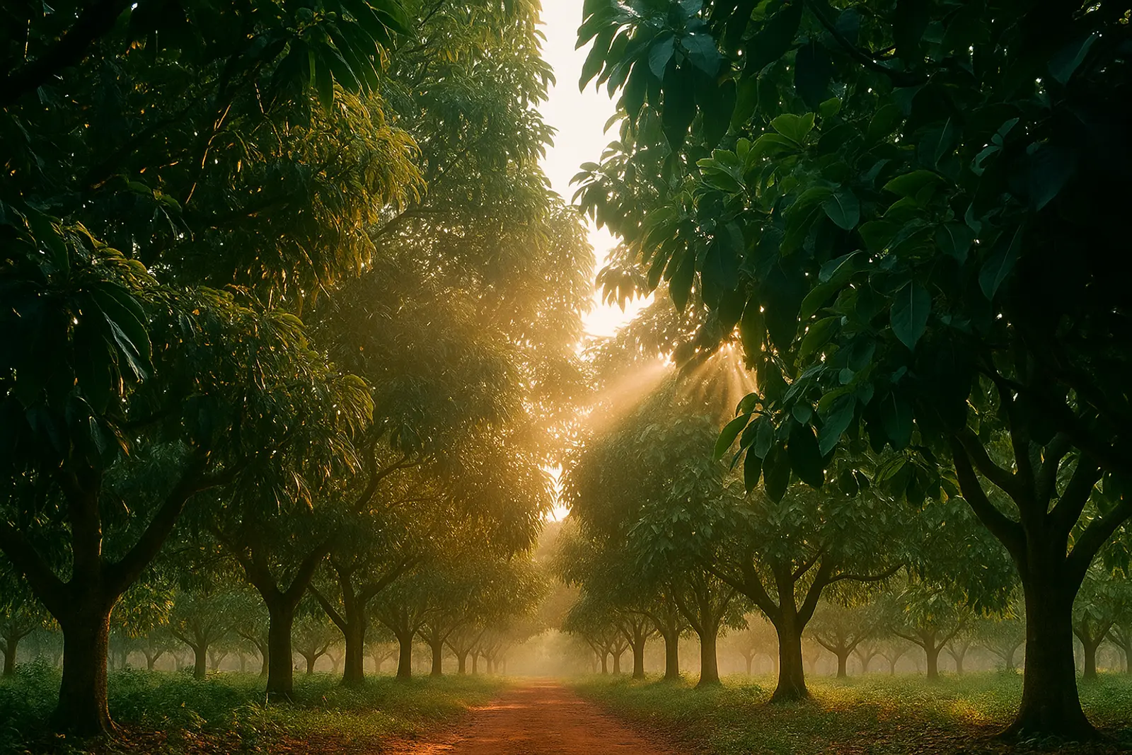 Canopée d'un verger de manguiers et d'avocatiers à l'aube, traversée de rais de lumière, au-dessus d'une piste de latérite rouge.