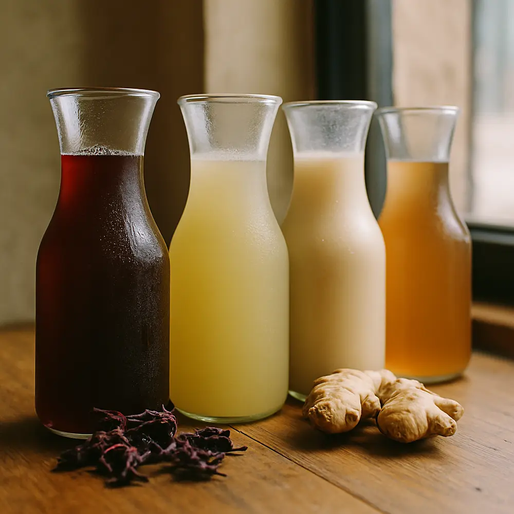 Quatre carafes de jus artisanaux à contre-jour : bissap rouge rubis, gingembre, baobab laiteux et tamarin.