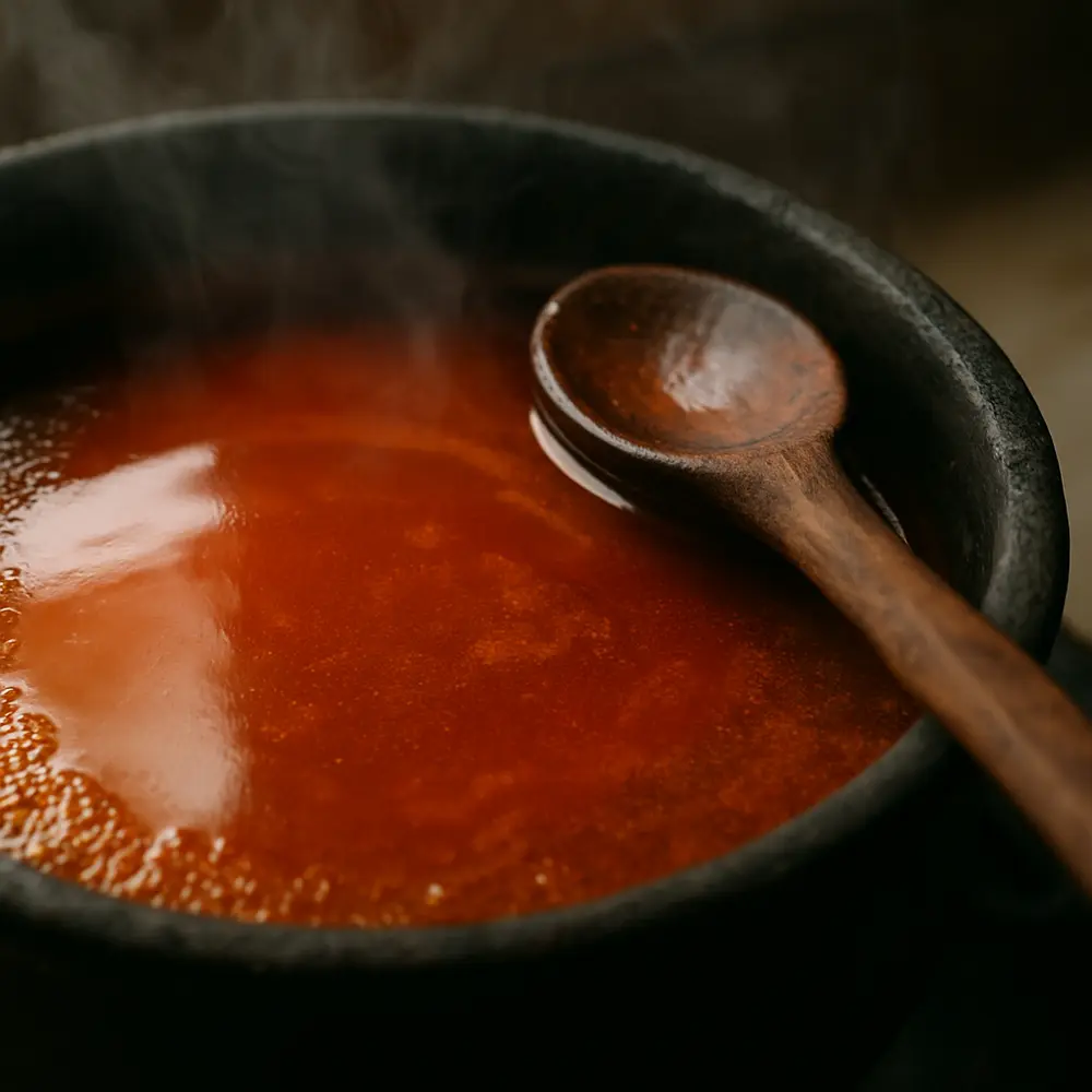 Sauce graine à l'huile de palme rouge-orangée qui remonte à la surface, avec poisson fumé et bananes plantains.