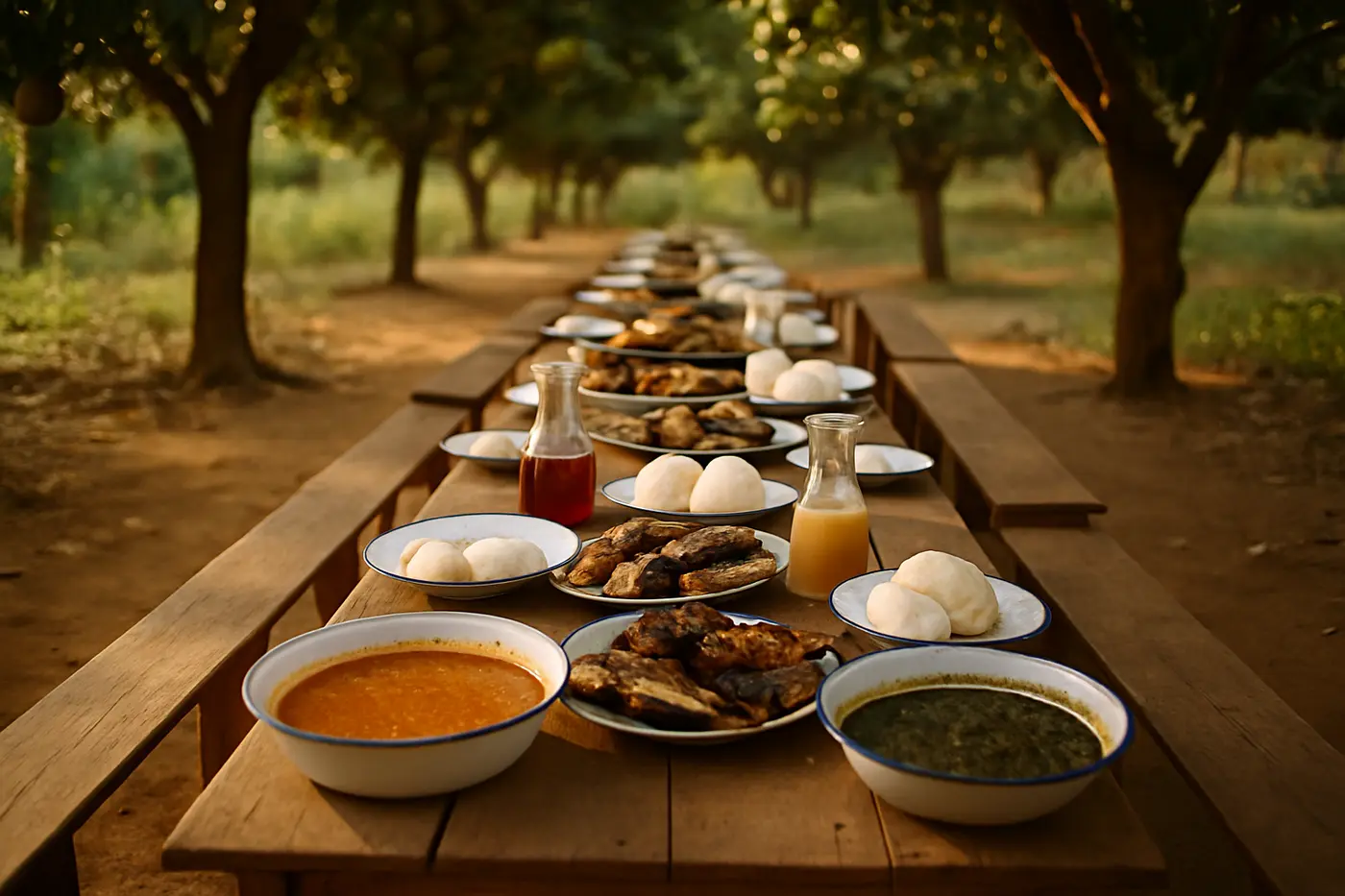 Table dressée avec foutou, sauce graine à l'huile de palme rouge et grillades au feu de bois, pour une réception au domaine.