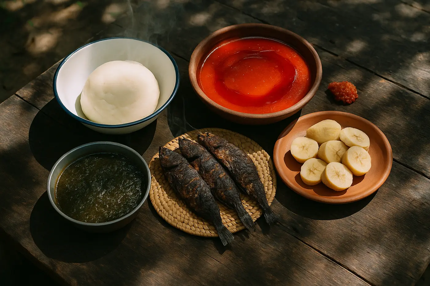 Vue en plongée d'un repas de terroir ivoirien : foutou, sauce graine à l'huile de palme, sauce feuille, poisson fumé et bananes plantains sur une table de bois.