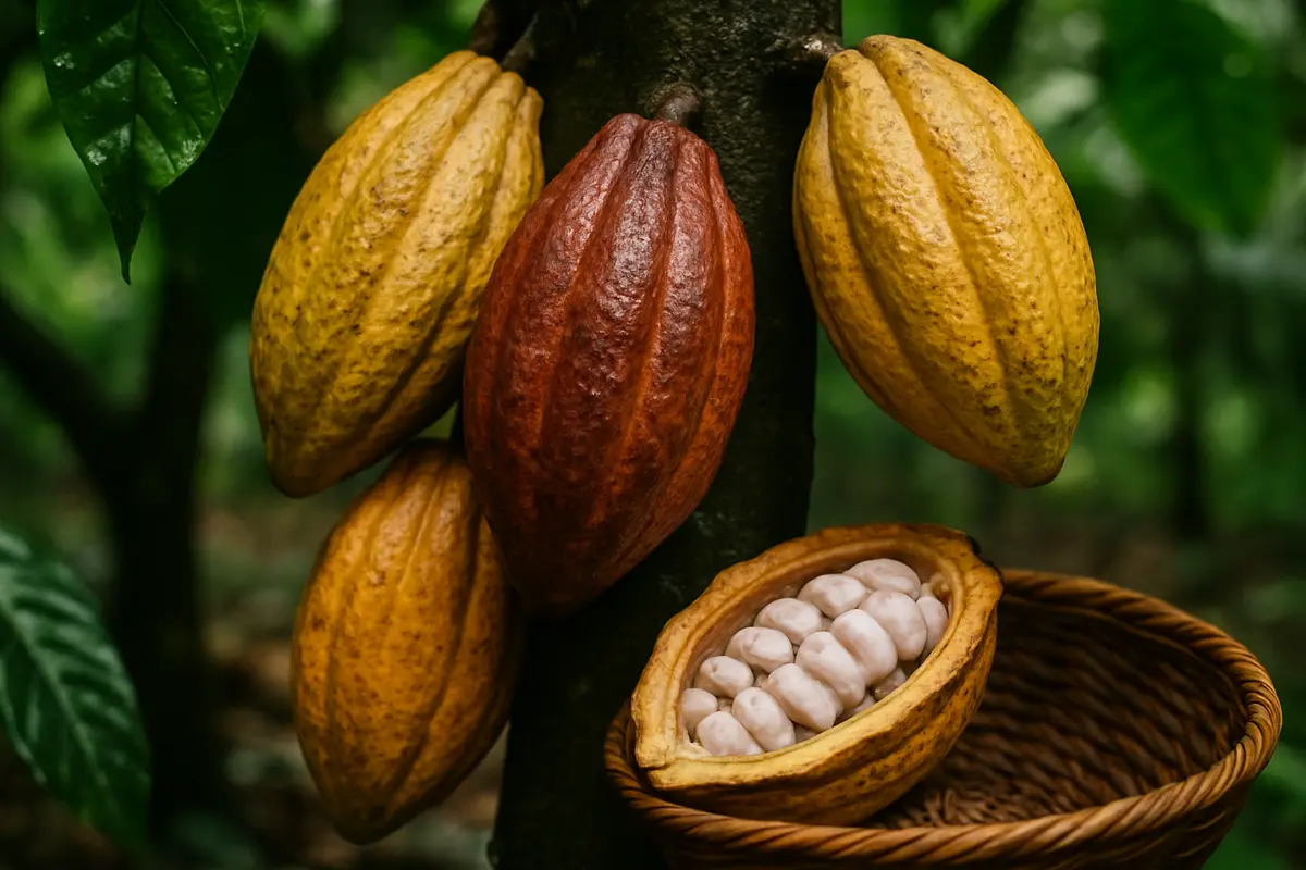 Cabosses de cacao jaunes et rousses sur le tronc d'un cacaoyer, dans l'ombre humide du sous-bois.